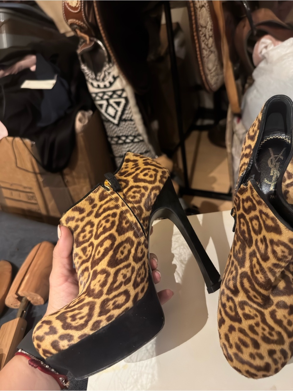 Saint Laurent Leopard-Print Ankle Booties - Brown & Black - Picture 3 of 6